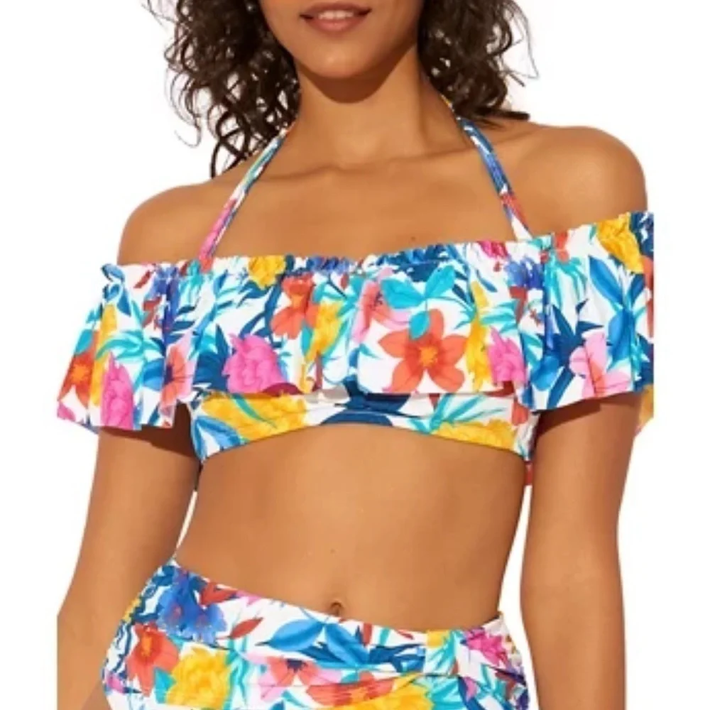 NWT Bleu Rod Beattie Ruffled Floral Bandeau Bikini Top